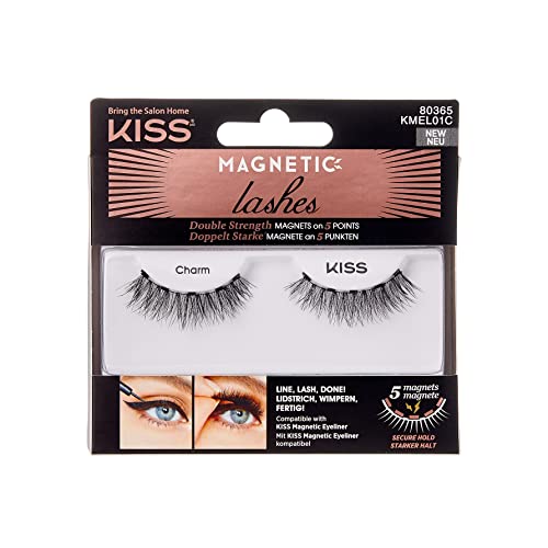 KISS Magnetic Lashes, Charm, 1 Pair of Synthetic False Eyelashes With 5 Double Strength Magnets, Wind Resistant, Dermatologist Tested Fake Lashes Last Up To 16 Hours, Reusable Up To 15 Times